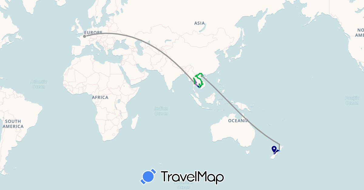 TravelMap itinerary: driving, bus, plane, cycling, train, hiking, boat, motorbike in France, Cambodia, Laos, New Zealand, Thailand, Vietnam (Asia, Europe, Oceania)