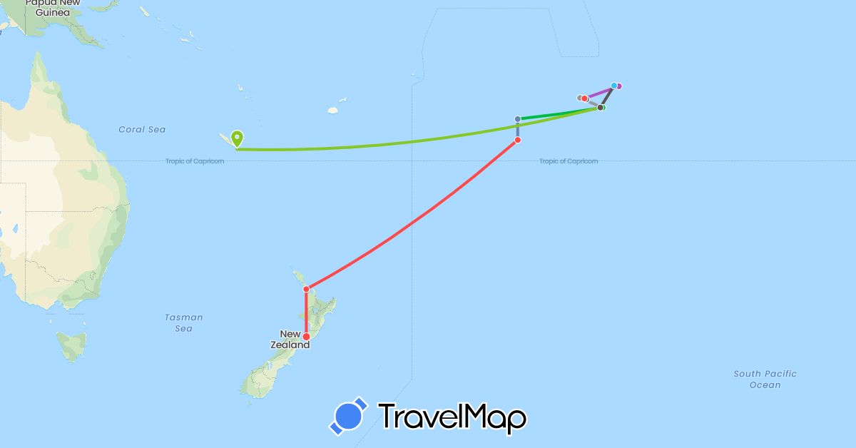TravelMap itinerary: driving, bus, plane, cycling, train, hiking, boat, motorbike, electric vehicle in Cook Islands, New Caledonia, New Zealand, French Polynesia (Oceania)